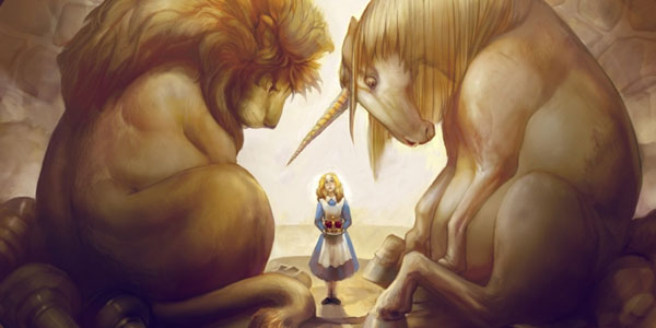 alice-lion-unicorn-2d-illustration