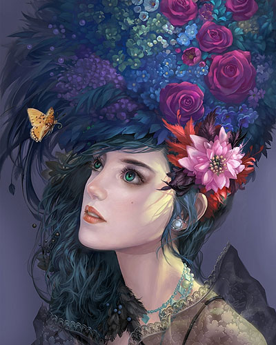 flower-hat-butterfly-lady-beautiful-painting
