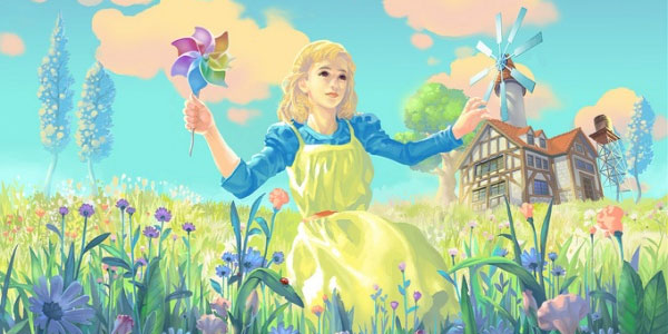 girl-field-flowers-windmill-digital-painting-illustration