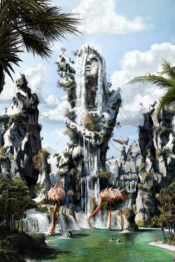 photo-manipulation-stone-waterfall-statue